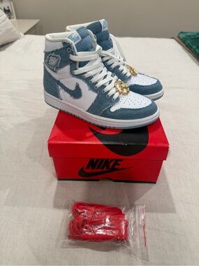 Women’s Air Jordan Retro 1 High-Top Sneakers in White and Light Blue Denim